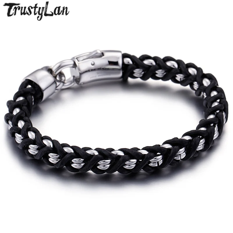 

TrustyLan New Classic Black Leather Bracelet Men Punk Rock Jewelry Jewellery Stainless Steel Mens Friendship Bracelets & Bangles