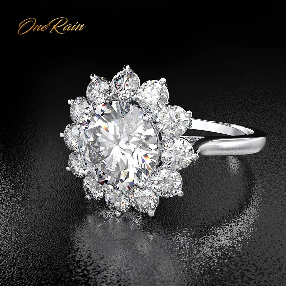 

OneRain 100% 925 Sterling Silver Created Moissanite Gemstone Wedding Engagement White Gold Flower Ring Fine Jewelry Wholesale