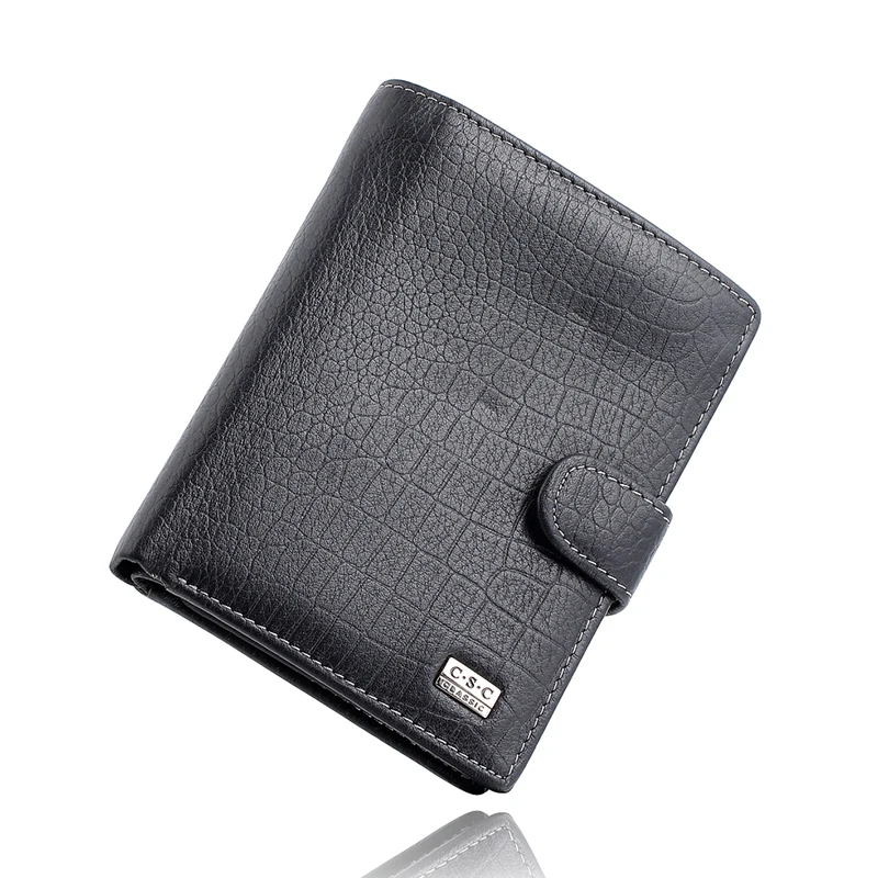 Famous Brand Mens Gentleman Black Large Bifold Genuine Real Leather Wallet Passcard Pocket Credit ID Card Slots Coin Pouch Purse