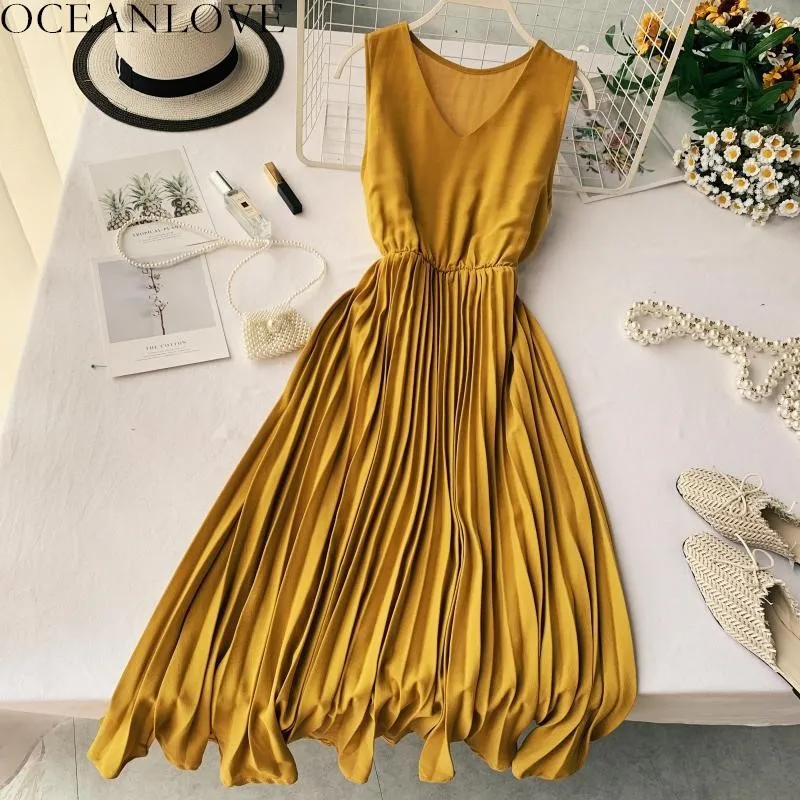 

OCEANLOVE Summer Pleated A-line Long Dresses Sleeveless Chiffon Sexy V-neck Vestidos Vintage High Waist Solid Women Dress 12328