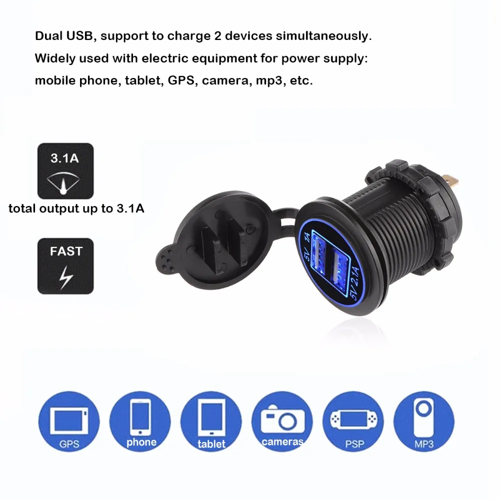 С принтом Тачки Moto Зарядное устройство USB 12/24V черный Водонепроницаемый Авто