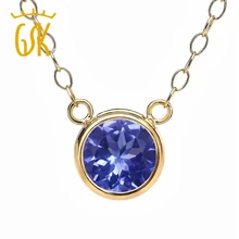 GemStoneKing 0.46 Ct Round Blue Tanzanite Pendant 14K Yellow Gold Necklace Women Vintage Jewelry