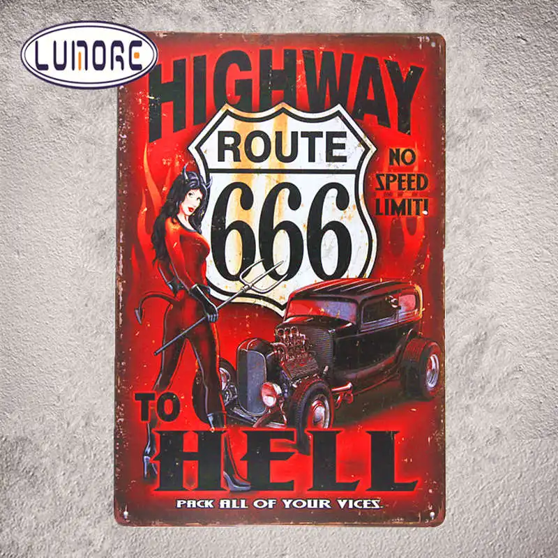 

"Route 66 Highway to Hell Devil " Pin up girl Vintage Metal Poster Tin Sign Wall Plate Garage Bar Pub sign Home Wall Decor