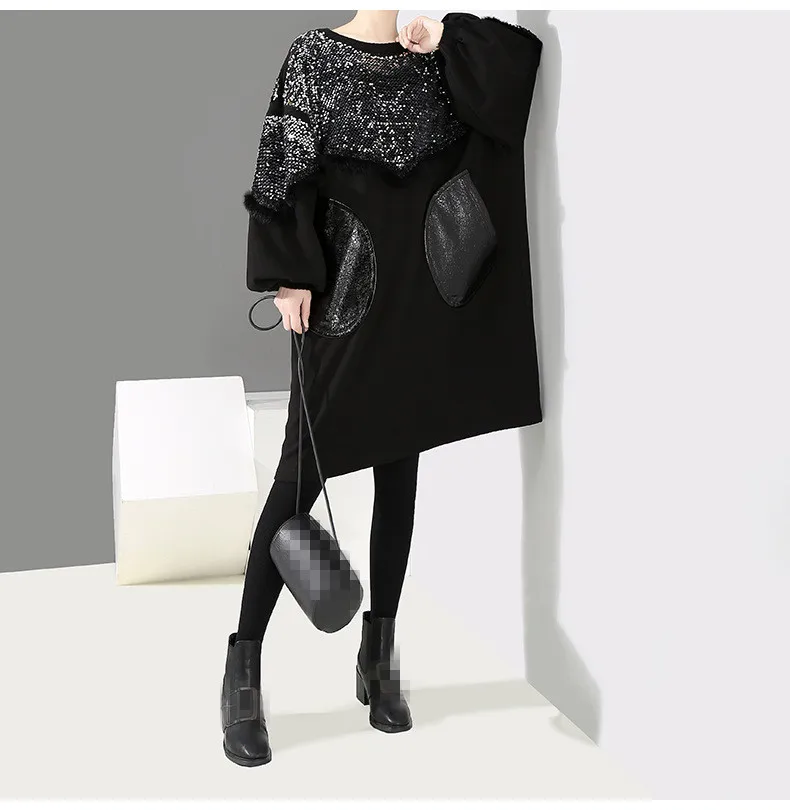 

Women Winter Loose Long Sleeve Sequined Black Sequins Dress Plus Size Knee Length Lady Party Club Wear Dress Style