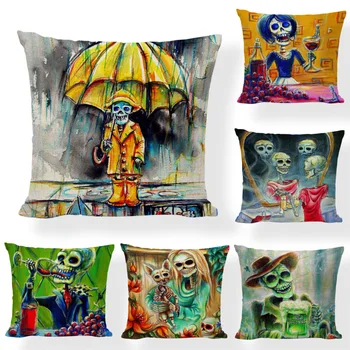 

High Quality Sugar Skull Cushion Covers Wine Tropical Tree Parrot Painted Linen Home Decor Camping Chair Modern Art Pillows Case