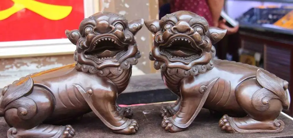 

8 China Copper Bronze Guardian Feng Shui Evil beast Fu foo Dog Lion Statue Pair