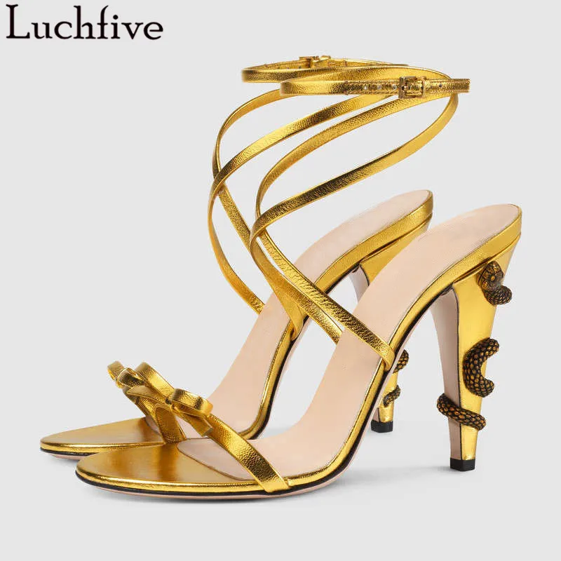 

Luchfive Golden Butterfly-Knot Snake Heel Sandals Women Ankle Strap High Heels Party Dress Summer Shoes Woman Sandalias Mujer
