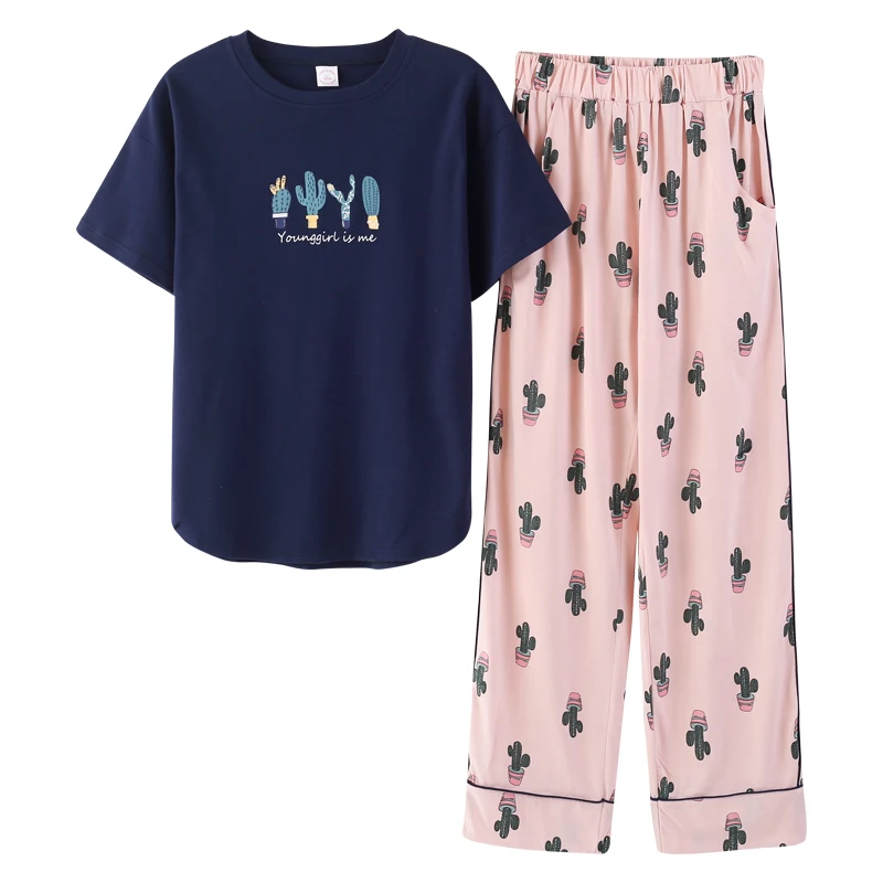 

Young Girl Sleepwear Sets Leisure Clothes Spring Thin Short Sleeved Women Pajamas Cactus Printing Pyjamas Lovely home clothing