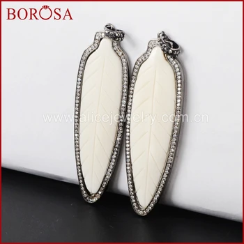 

BOROSA Small Size Black Color Natural White Bone Carved Leaf Pendant Bead Paved Zircon for Necklace Women Men Jewelry WX079