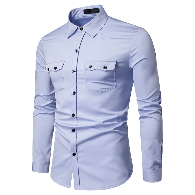 HuLooXuJi мужская с длинным рукавом Однотонная рубашка с карманом высокого качества мужские повседневные деловые платье рубашки Размер США: S-2XL