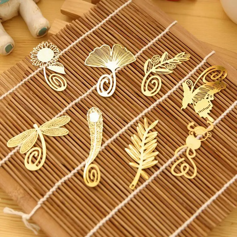 Милые Мини Kawaii металлические золотистые закладки, скрепки для бумаги, античные покрытые животные, бабочки, стрекоза, лист, Закладка с растениями, корейские канцелярские принадлежности