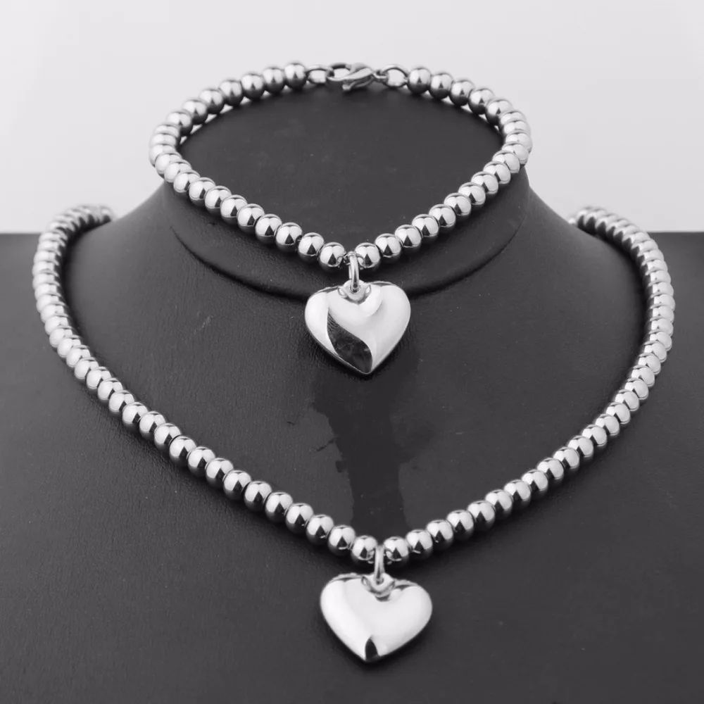 

6mm Wide Silver Stainless Steel Beads Chain Heart Pendant Choker Neckalce Bracelet Set Women Men Girl Sweet Jewelry Set Gift