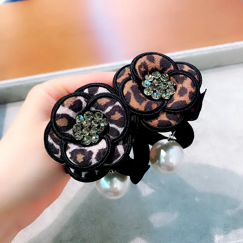 

Korea Handmade Leopard print Camellia Rhinestone Adult Women Elastic Hair Band Head wear Accessory Fall Winter-YHAWEHB082C5