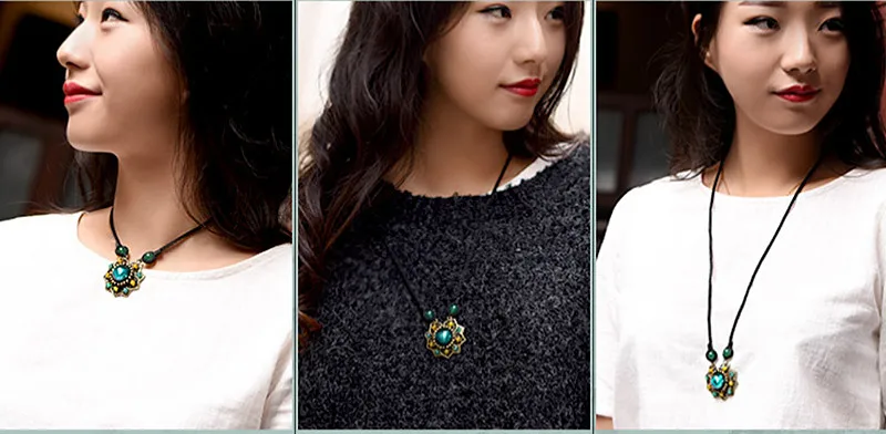 Yanting Vintage Choker Necklace For Women Ethnic Glass Glazed Green Stone Copper Alloy Flower Pendant Necklace Gift 041 (10)