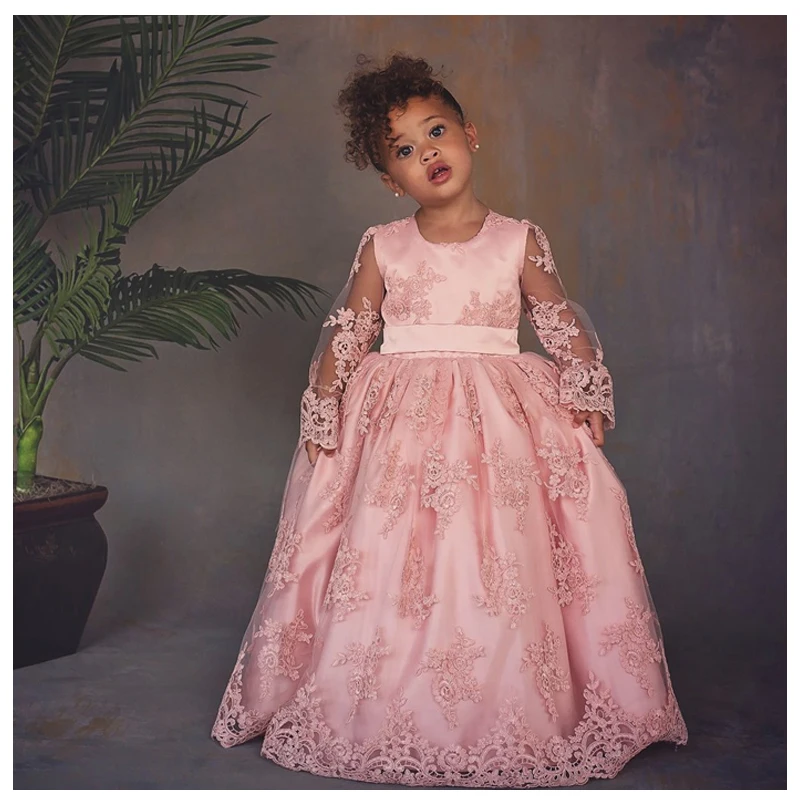 

Pink Tulle Flower Girl Dress Birthday Wedding Party Holiday Appliques Bow Communion Dresses Pageant Gown For Girls Vestido