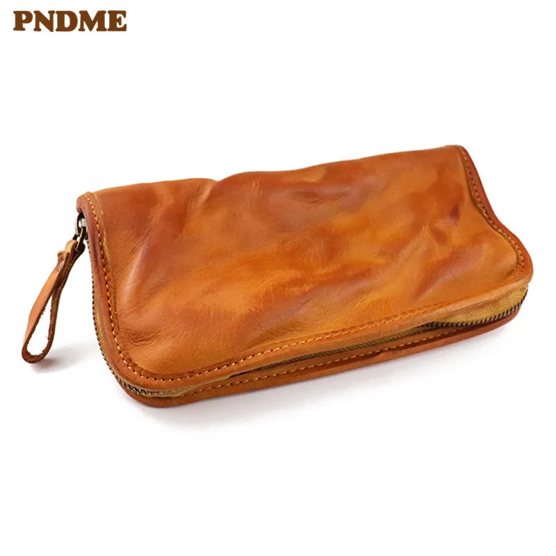 

PNDME vintage first layer cowhide men's women's wallet simple handmade soft genuine leather ladies long phone zippers card bags