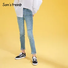 Samstree Frayed Solid Straight Mid Waist Minimalist Style Denim Women Pants 2019 Autumn Pure Raw Hem Washed Office Lady Jeans Samstree Frayed Solid Straight Mid Waist Minimalist Style Denim Women Pants 2019 Autumn Pure Raw Hem Washed Office Lady Jeans