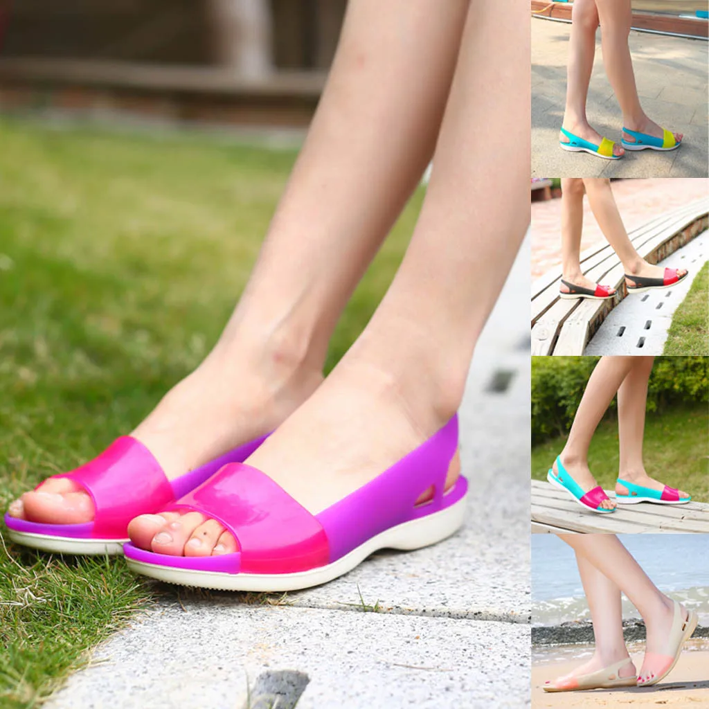 Женские прозрачные летние пляжные туфли с открытым носком; милые сандалии радужной расцветки; Модные слипоны с круглым носком; 18 июня