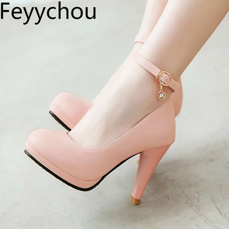 

Women Pumps Super High Heels Round Toe Buckle Pu Platform Thick Heel Spring Autumn 2019 Sexy New Fashion Black Big Size 34-47