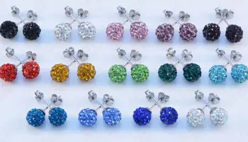 

30pair/lot 10mm micro disco ball mixed white multicolor stainless steel Crystal Beads stud earrings silver plated f636