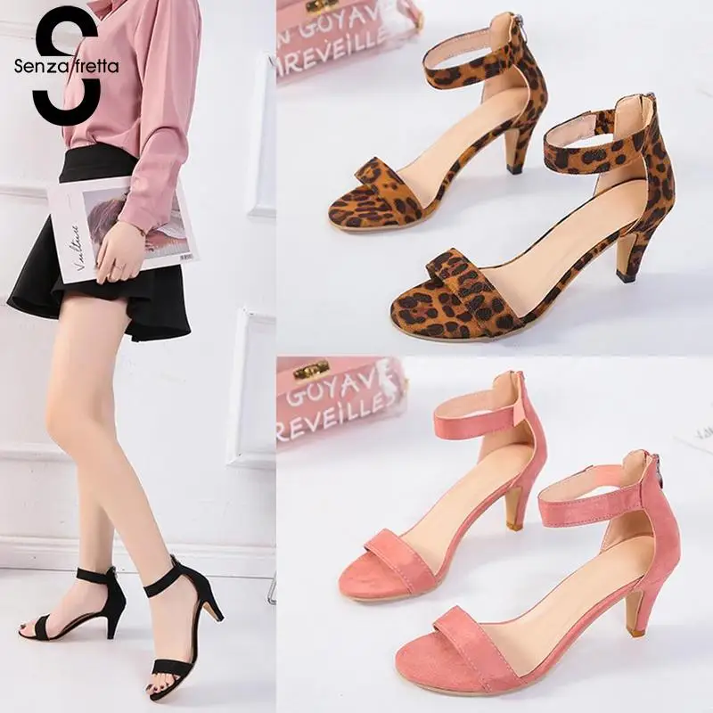 

High Heels Spring Summer Women Pumps Thin Heels Open Toe Zipper Flock Wedding Leopard Red Black Pink Platform Office Lady Shoes
