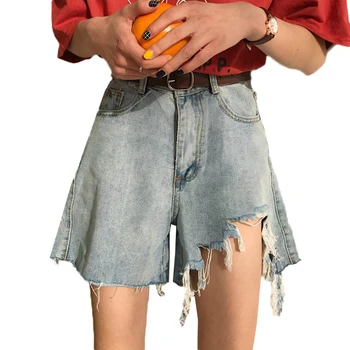 

Women Denim Shorts 2019 Summer Fashion Large size Female Wide leg Shorts Thin High waist Hole Ladies Denim Shorts WIN858