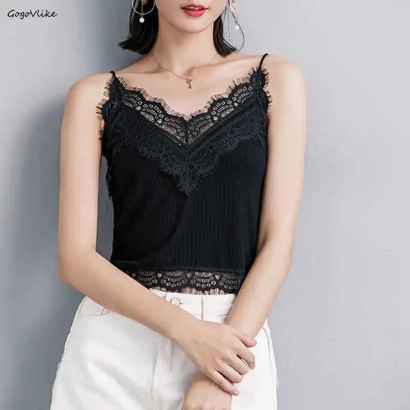 Sexy Lace Camis Tops Short Women Imitation Basic Tops New 2019 Summer Sexy V-neck Basic Camisole Tops Woman LT823S50