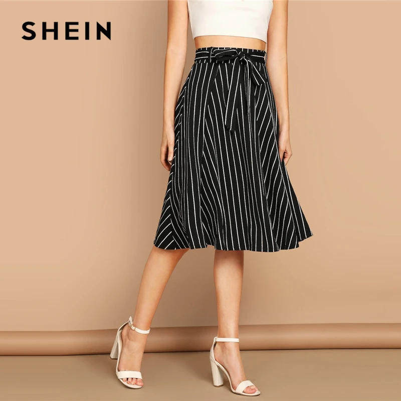 SHEIN Юбка В Полоску С Высокой Талией Женская Черная Летняя Богемная Миди