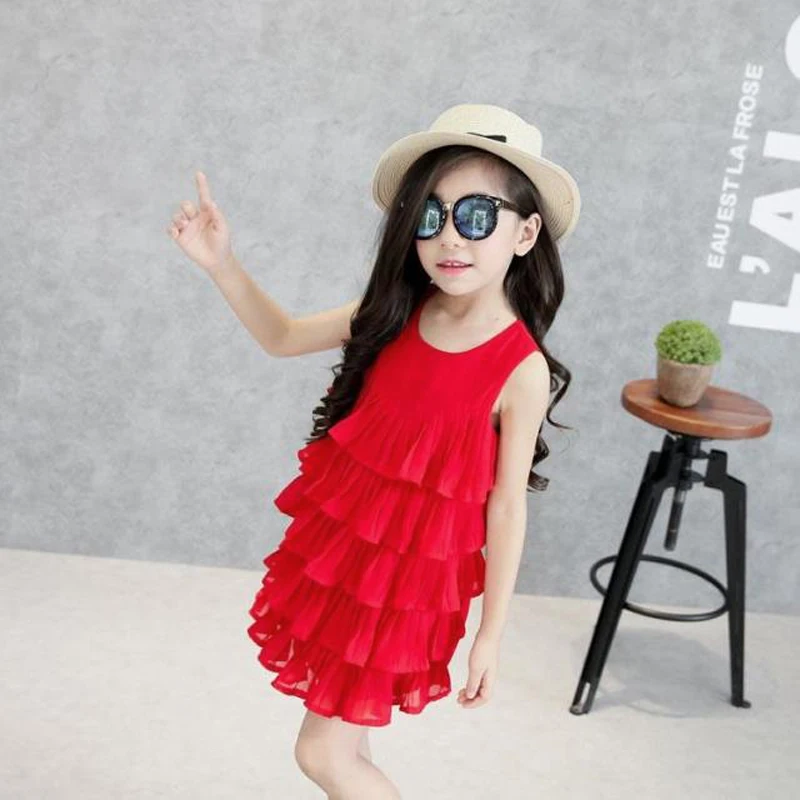 

JENYA Girls Vest Dress New Hot Sale Fashion Summer Children Clothing Girls Pleated Chiffon Princess Layered Solid Dress