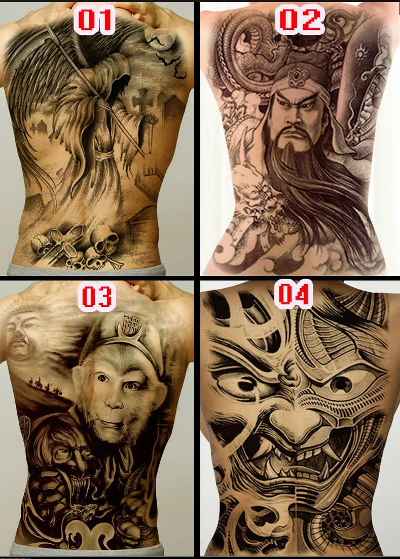 Новинка, 48*35 см, Большие Татуировки гейши, для мужчин и женщин, водонепроницаемые, большие временные татуировки, наклейки, полная спина, боди-арт, поддельные татуировки, дракон, череп