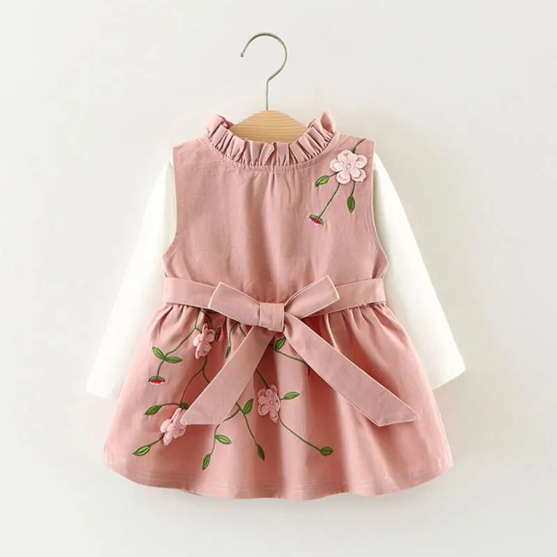 Платье принцессы с длинными рукавами и цветочным рисунком для маленьких девочек; праздничное платье для новорожденных на День рождения; теплая верхняя одежда на весну-осень; одежда для малышей - Цвет: pink