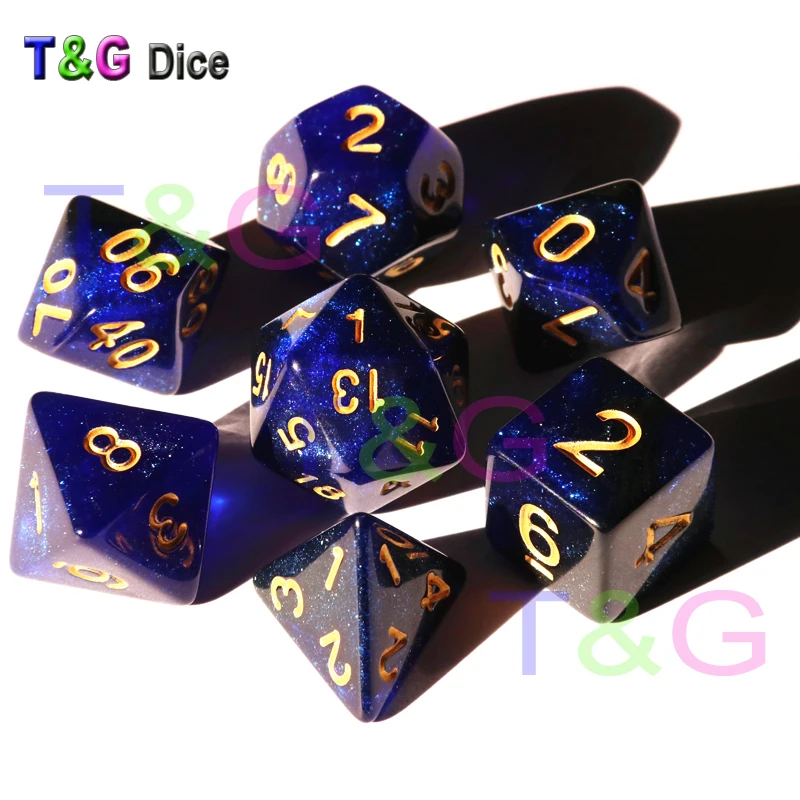 T& G креативная Вселенная Galaxy Dice набор D4-D20 с загадочным Королевский синий микс черный, блестящая пудра ForTRPG, DND настольная игра