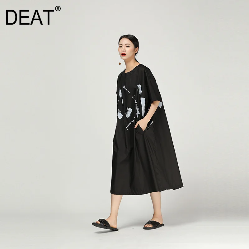 

[DEAT] 2019 New Spring Summer Round Neck Short Sleeve Pattern Printed Loose Pocket Long Big Size Dress Women Fashion Tide JW03