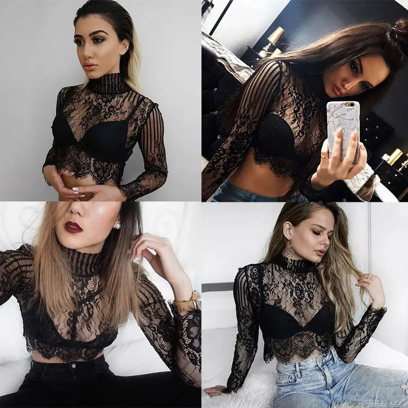 

Sexy Women Turtlenack Long Sleeve Hollow Out Blouse Transparent Lace Bandage Shirts Short Crop Tops Plus Size M-2XL