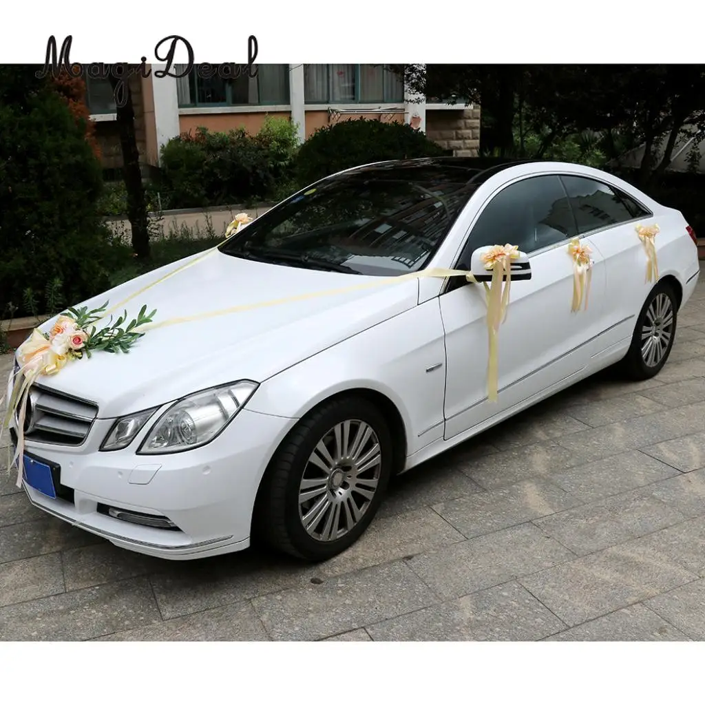 9pcs Wedding Car Decorations Kit  Artificial Silk Flower Ribbon and Bows Ties Set Limousine Car Roof Door Mirror Decor