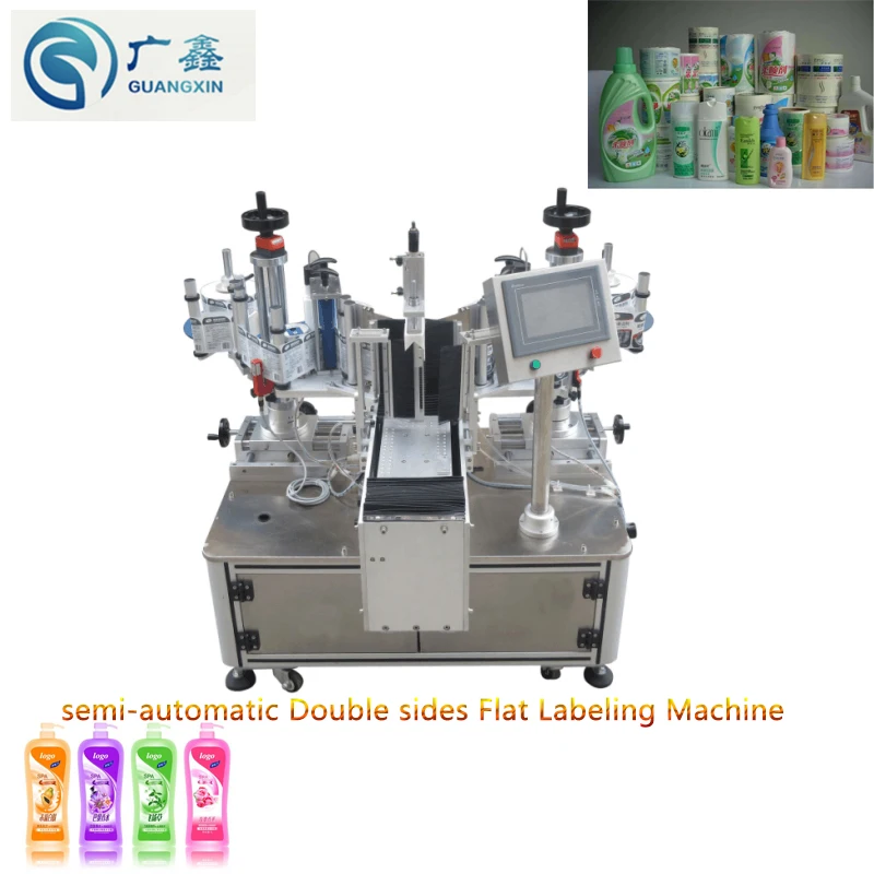 

HX-808 Semi-automatic Flat Double Sides Labeling Machine for 1L 2L 5L Laundry Shampoo Bottle Adhesive Sticker