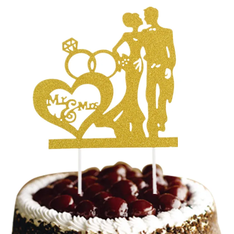 Glittler Bride Groom Wedding Cake Topper Mr & Mrs Cake Flags Wedding Engagement Party Cake Baking Decor Wedding Cake Flags