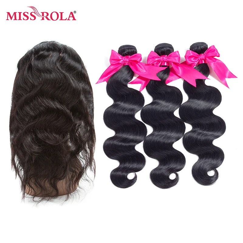 Miss Rola Hair Pre-colored Brazilian Body Wave Hair with Closure #1b Nature Color Human Hair 3 Bundles with 360 Lace Frontal brazilian-body-wave-hair-bundles-with-closure