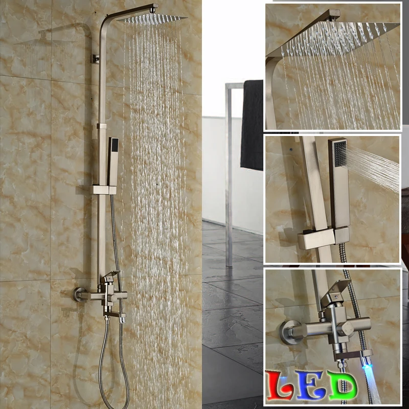 Good Quality Nickel Brushed Bath & shower Mixer Faucet Kit Single Handle with Shower Head + ABS Hand Shower+LED Tub Spout |