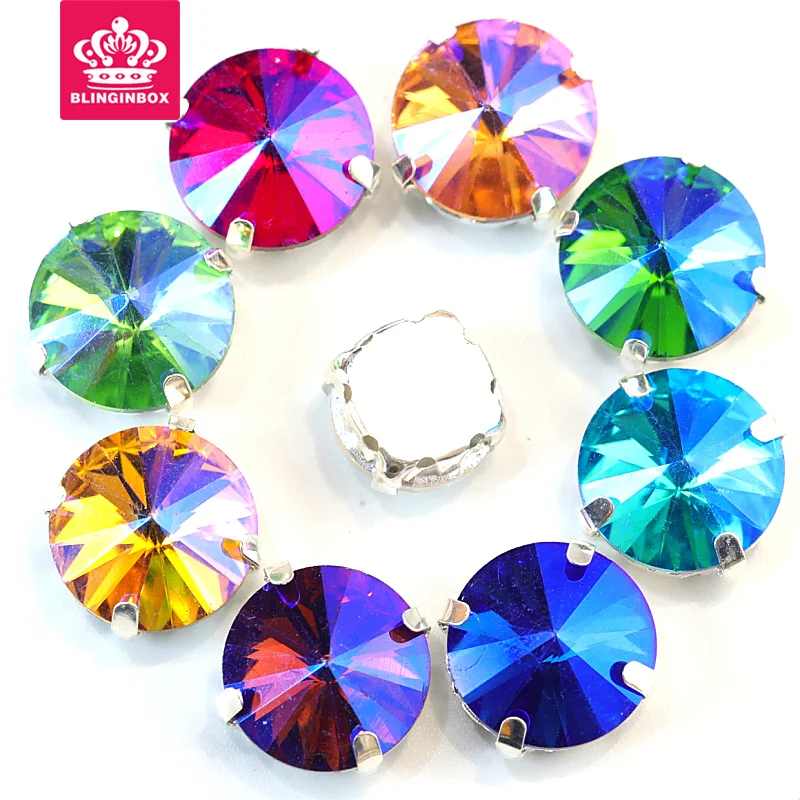 Crystal AB Round Rivoli Sew On Claw Rhinestones Glass Crystal Sew On