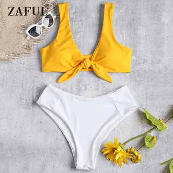 

ZAFUL Knotted Bikini Padded Swimwear Women High Waist Swimsuit Front Tied Color Block HighRise V Neck Bikini Bathing Suit Biquni