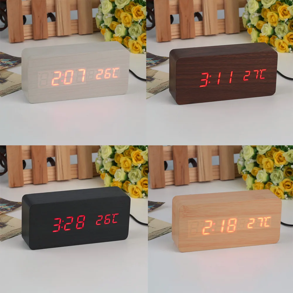 Large Size LED Wooden Alarm Clocks with Thermometer Rectangle Table