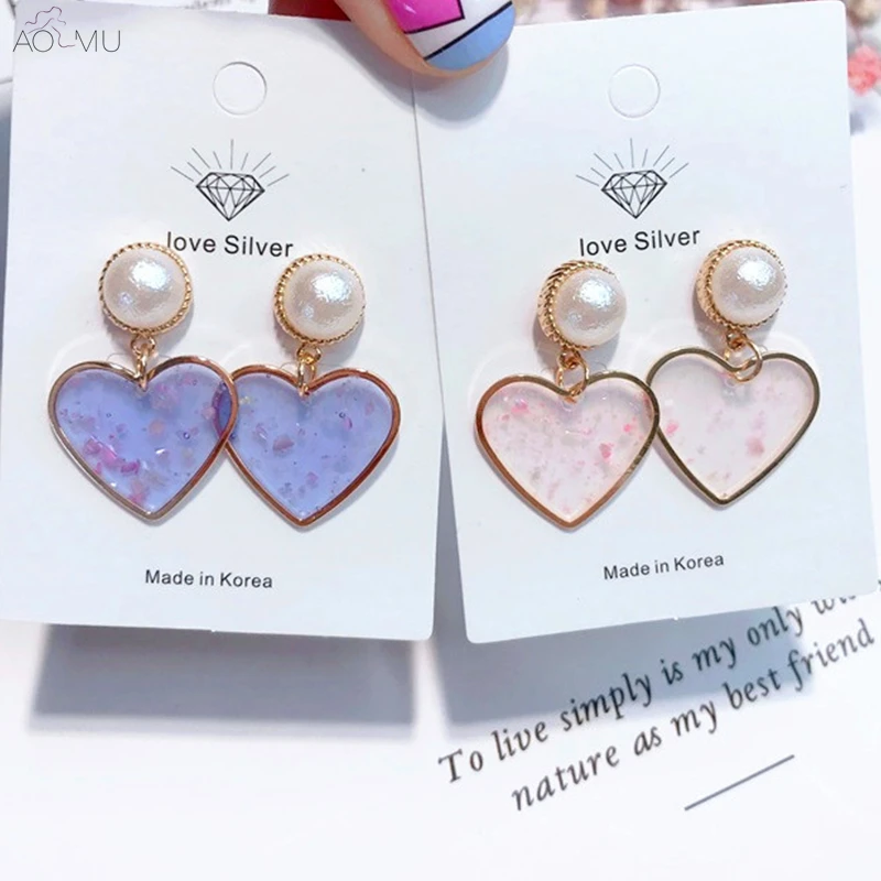 

AOMU 2018 New Korea Transparent Acrylic Colorful Sequins Love Heart Pearl Stud Earrings For Women Girl Clothes Accessories