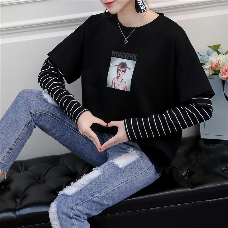 

NORMOV New 2019 Spring Women's Cartoon Printed Letters Hoodies Sweatshirt Long Sleeve O-Neck Hoodies Stitching Color Tops