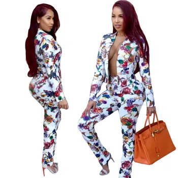 

2018 New Women Blazer Suit Fashion Flower Printed Long Sleeve Jacket Blazers Formal Pants Suits Autumn Office Uniform