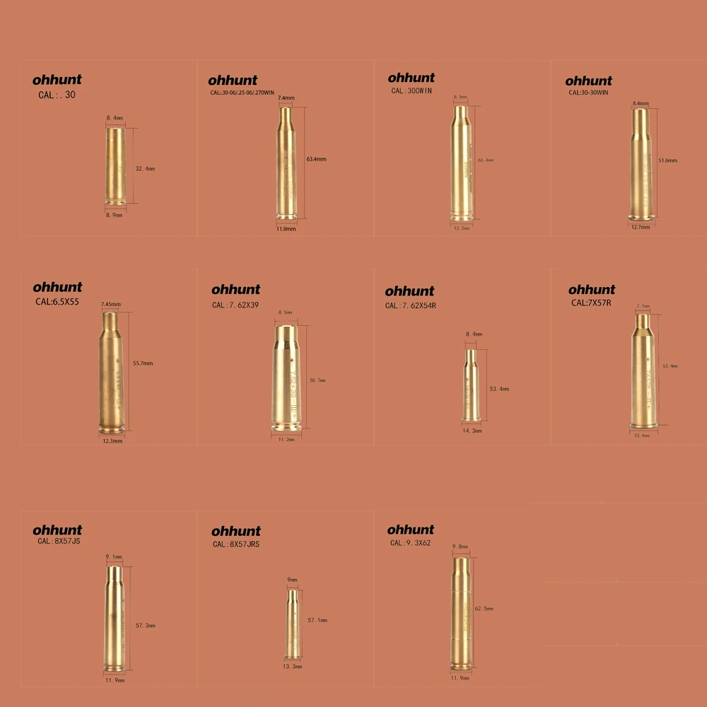 

ohhunt red dot laser brass bore sighter cal 7.62X54R 7.62X39 7X57R 8X57JRS 9.3X62 30-300WIN cartridge boresighter scope hunting