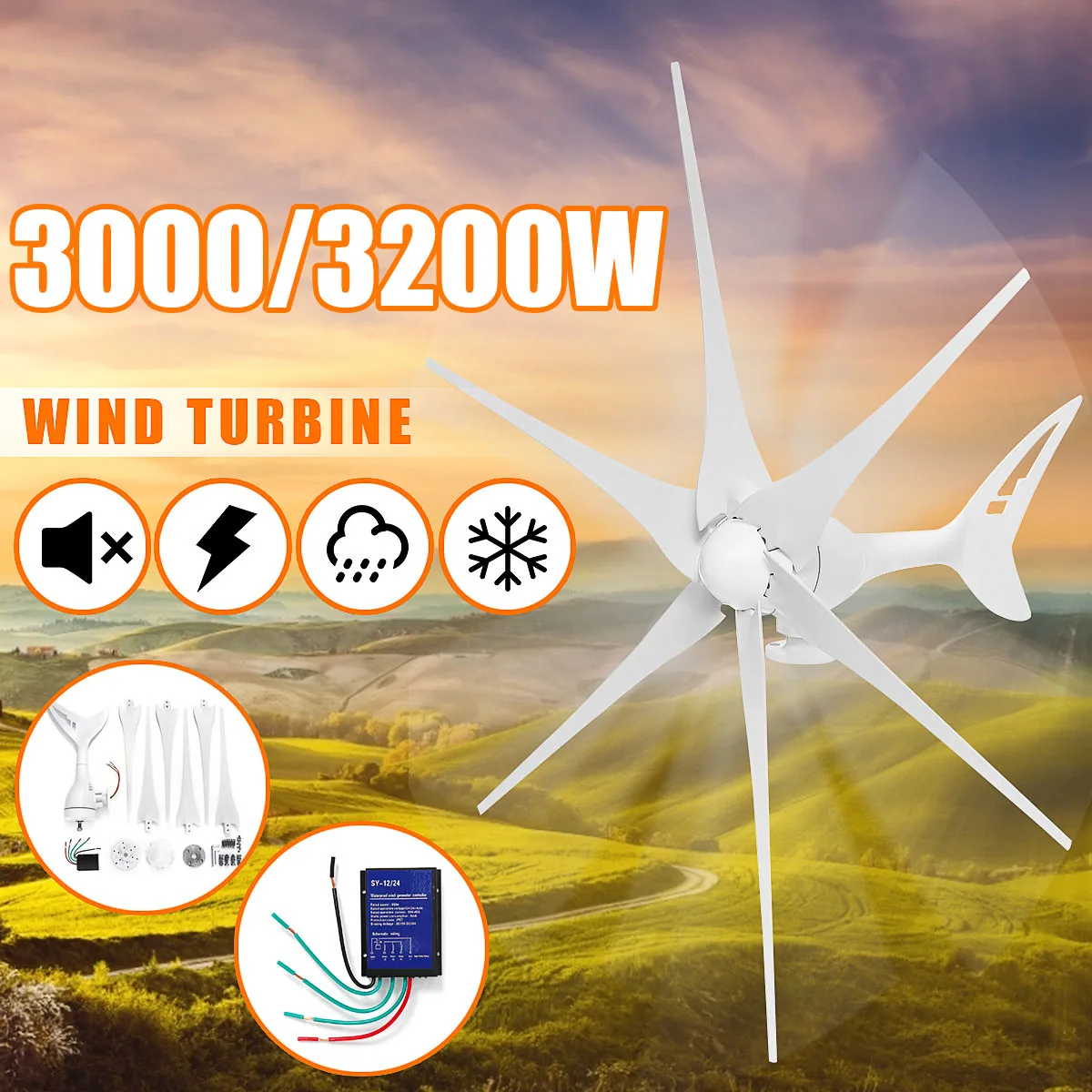 

3200W/3000W Wind for Turbine Generator 3/6 Wind Blades 12/24V Option Wind Controller Gift Fit for Home +Mounting accessories bag