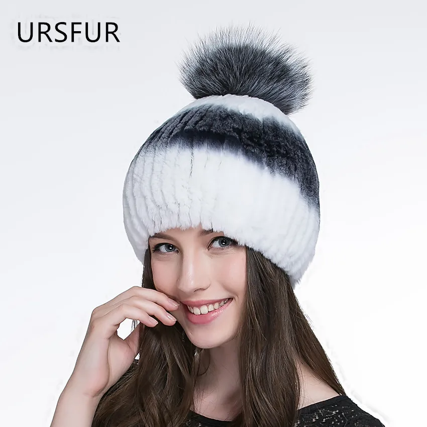 

URSFUR Womens Authentic Rex Rabbit Fur Knit Beanie Hat With Fox Fur pom pom Fluffy new brand causal good quality cap gift
