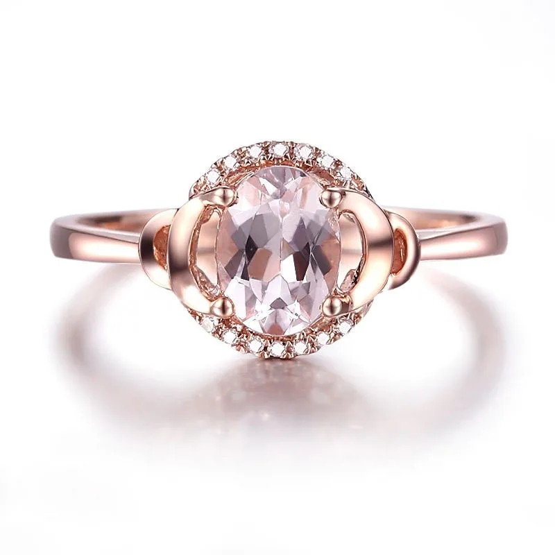 HELON Fine Jewelry Solid 10K Rose Gold Oval 7x5mm Pink Morganite Pave Natural Diamonds Ring Engagement Wedding Gemstone Ring