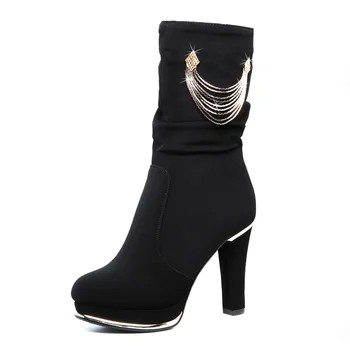 

Winter new short tube women's ankle boots thick with flowing Fang boots casual leather botas round head high heels fringe